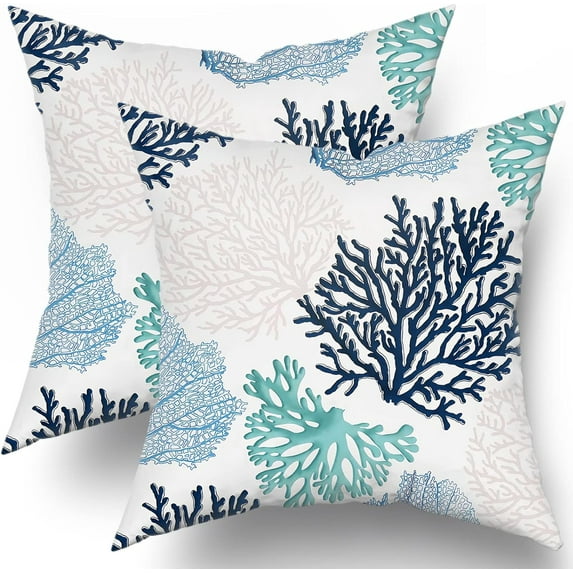 Summer Coastal Throw Pillow Covers Set of 2 Farmhouse Coral Branch Ocean Themed Pillowcase Soft Cotton Square Cushion Covers for Home Couch Sofa Patio Bedroom 16X16 Inches