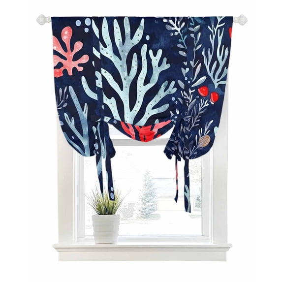 Summer Coastal Tie Up Curtains for Window, Thermal Insulated Balloon Shade Adjustable Rod Pocket Curtains Valance Panels for Kitchen Bathroom Cafe 42 x 54 Ocean Watercolor Coral Botanical