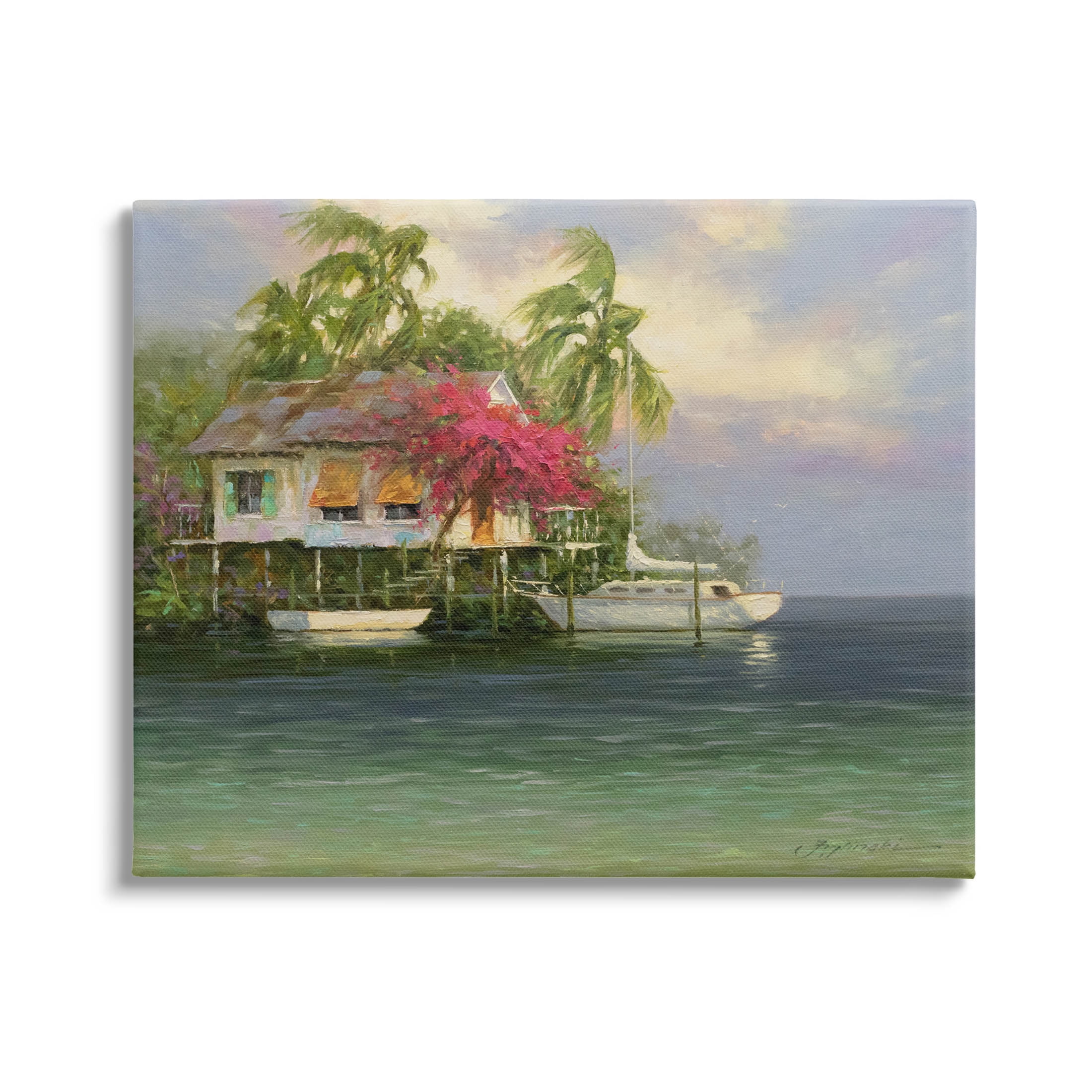 Summer Coastal Vacation Cottage Landscape Painting Gallery Wrapped Canvas Print Wall Art