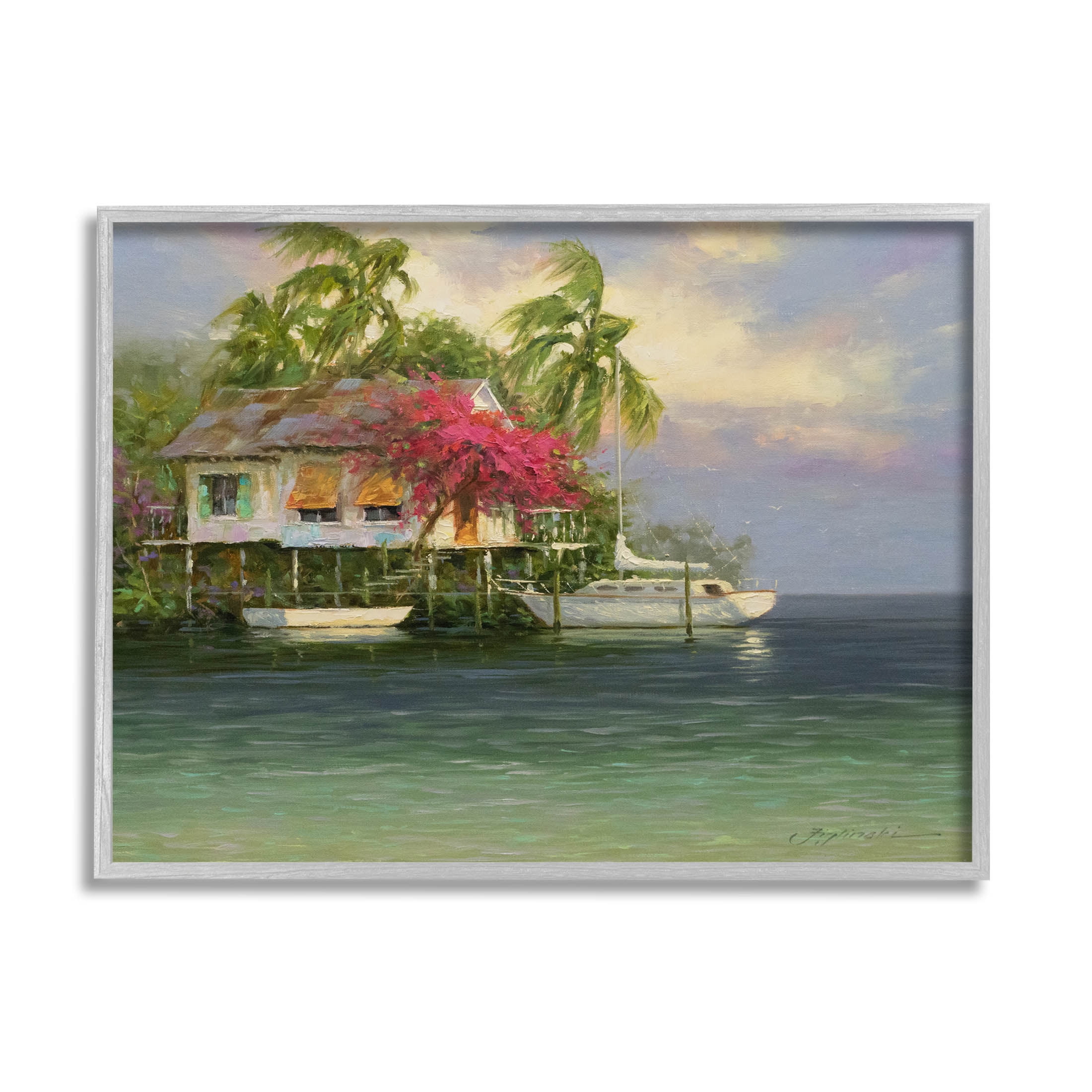 Summer Coastal Vacation Cottage Landscape Painting Gray Framed Art Print Wall Art