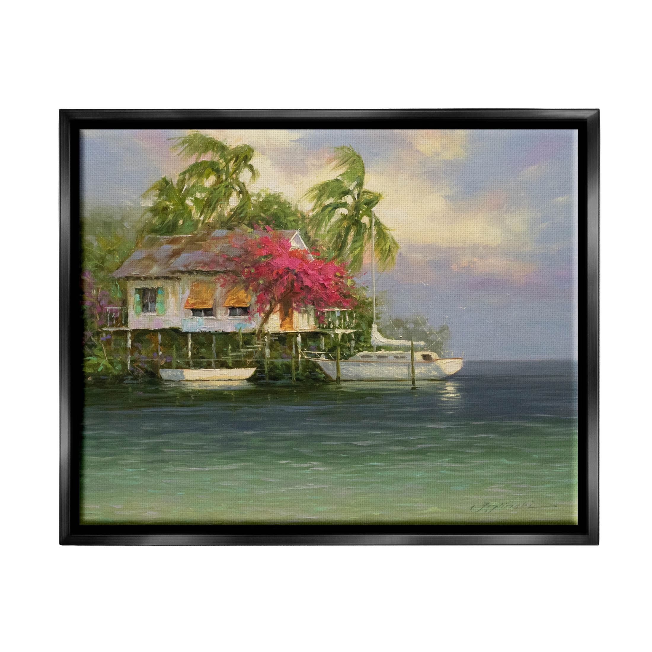 Summer Coastal Vacation Cottage Landscape Painting Jet Black Framed Art Print Wall Art