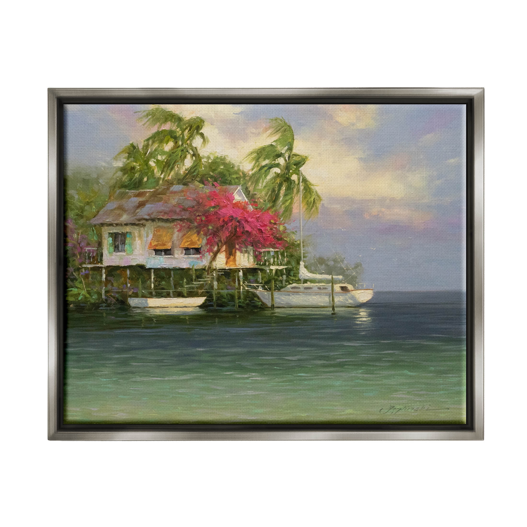 Summer Coastal Vacation Cottage Landscape Painting Luster Gray Framed Art Print Wall Art