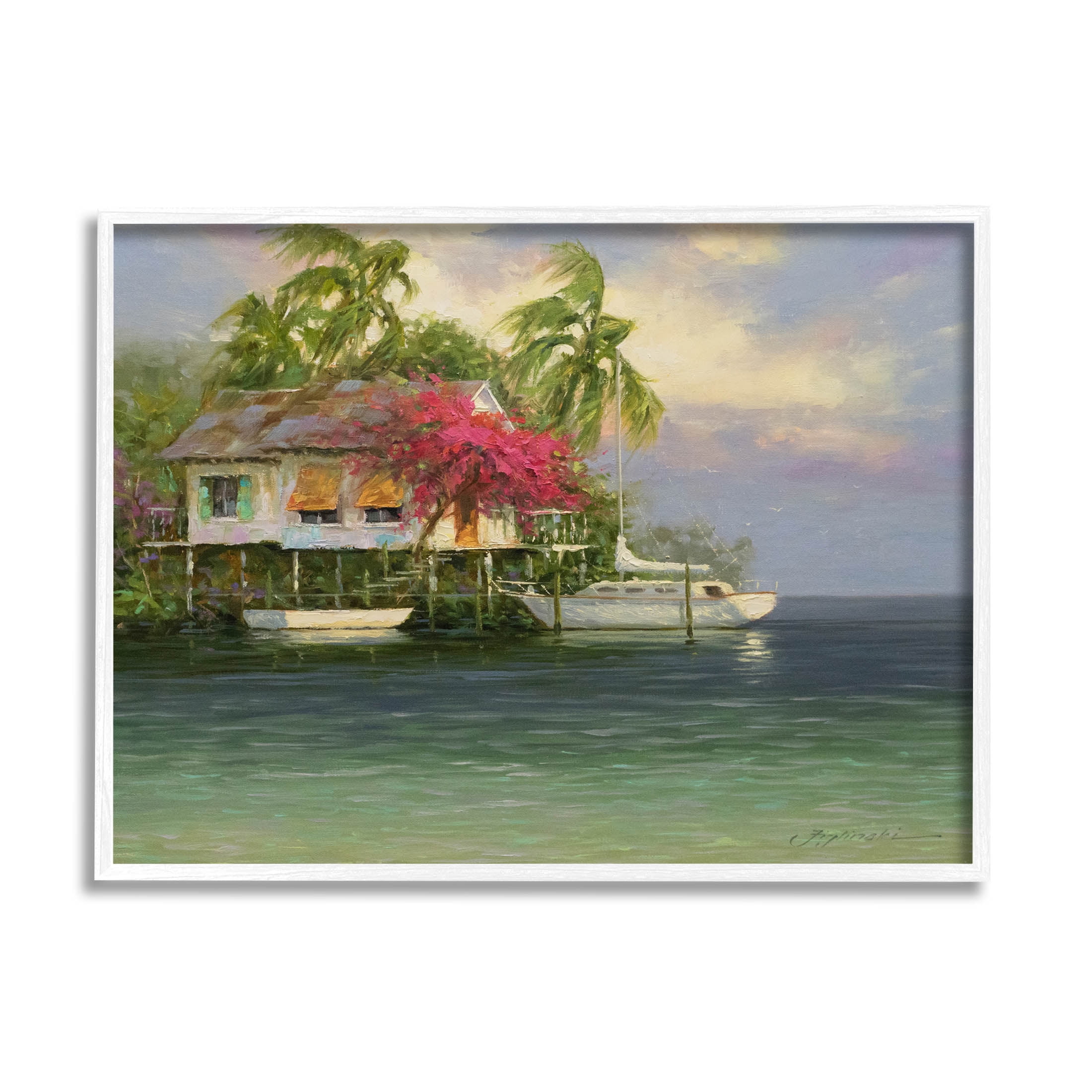 Summer Coastal Vacation Cottage Landscape Painting White Framed Art Print Wall Art