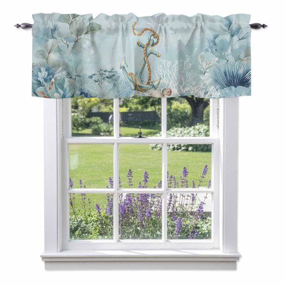 Summer Coastal Valance Curtain for Windows Ocean Seaweed Anchor Nautical Coral Bubble Rod Pocket Curtain Valances Short Window Treatments Panels for Kitchen Bathroom Laundry Basement 42 x 12 Inch