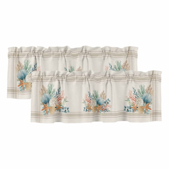 Summer Coastal Valances for Windows, Nautical Beach Marine Life Beige Striped Light Filtering Kitchen Curtains, Rod Pocket Window Valance Curtains for Living Room Bedroom, 54" W x 18" L, 2 Panels