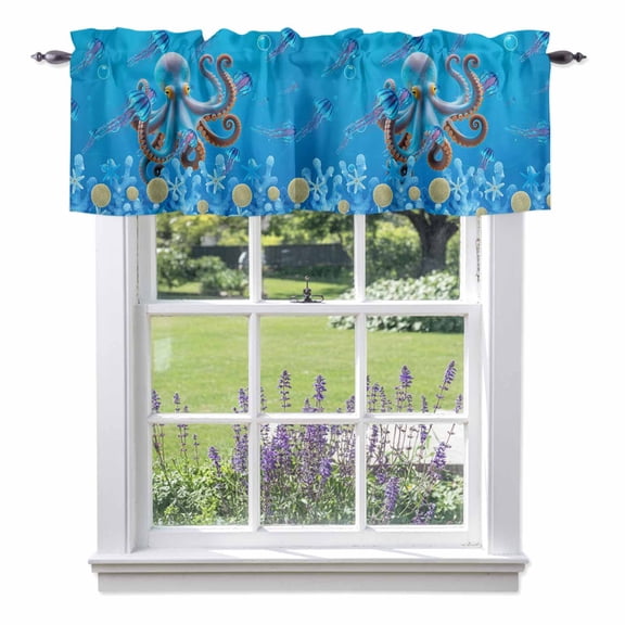 Summer Coastal Valances for Windows Ocean Blue Octopus Jellyfish Nautical Coral Bubble Rod Pocket Cafe Window Treatments Valance Curtains for Kitchen Bathroom Laundry Basement Windows 42"x12"