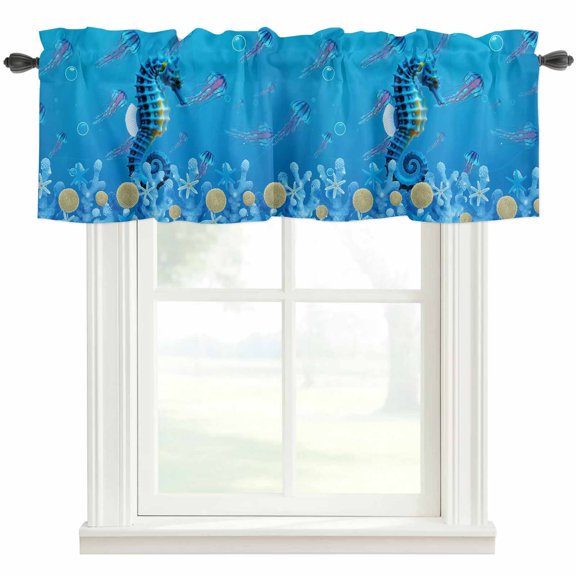 Summer Coastal Valances for Windows Ocean Blue Seahorse Jellyfish Nautical Coral Bubble Rod Pocket Curtain Valance Window Treatment Short Curtains for Kitchen Living Room, 42"x18"