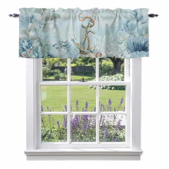 Summer Coastal Valances for Windows Ocean Seaweed Anchor Nautical Coral Bubble Rod Pocket Cafe Window Treatments Valance Curtains for Kitchen Bathroom Laundry Basement Windows 42"x12"