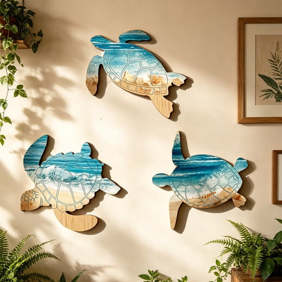 Summer Coastal Wall Decor,12" Round Beach Blue Wall Art Sea Turtle Surfboard Seahorse Starfish Seashell Wall Hanging,Conches Crabs Sea Life Decor for Bedroom Home
