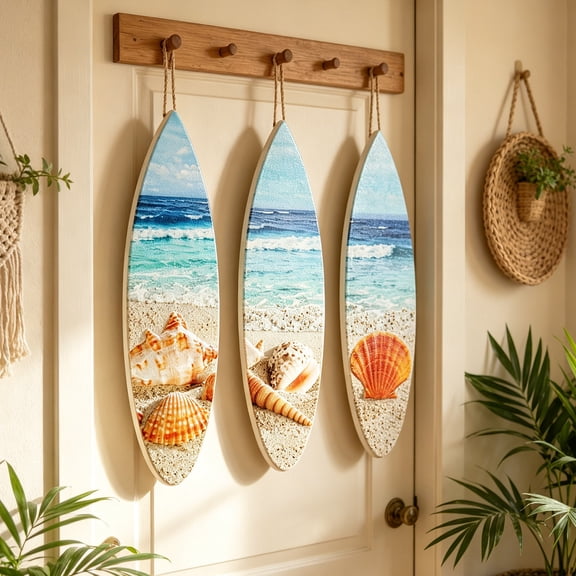 Summer Coastal Wall Decor Hanging Decorations Beach Blue Wall Art Starfish Seashell Conches Crabs Sea Life Turtle Seahorse Wooden Decorative Hangings for Bedroom Home Outdoor Decorations