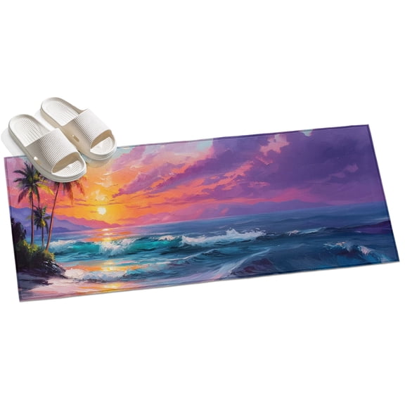 Summer Coastal Washable Area Rug 2 x 6 ft Tropical Island Palm Trees Sun Beach, Soft Non Slip Rugs Stain Repellent Indoor Felt Carpet for Living Dining Room Bedroom Home Office
