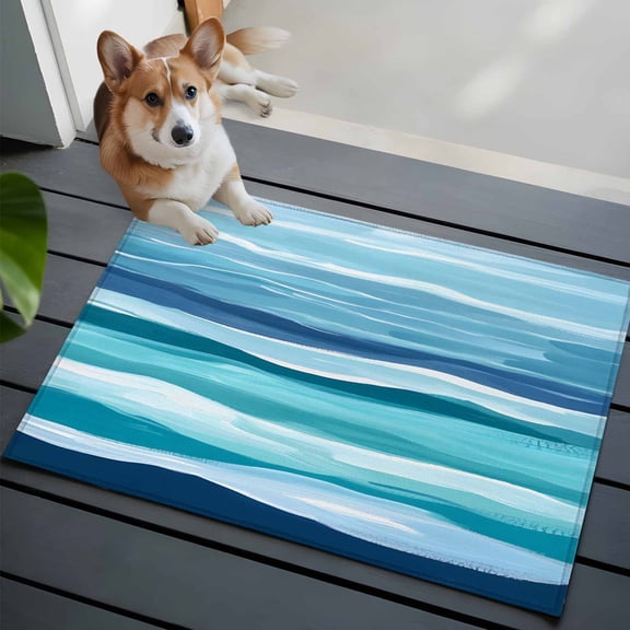Summer Coastal Washable Area Rug 2x3 Abstract Ocean Wave Blue Teal Stripes Low-Profile Area Rugs with Non Slip Backing Indoor Floor Carpet for Entrance Living Room Bedroom Home Office