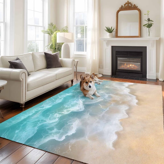 Summer Coastal Washable Area Rug 5x7 Teal Beach Ocean Wave Low-Profile Large Area Rugs with Non Slip Backing Indoor Floor Carpet for Entrance Living Room Bedroom Home Office