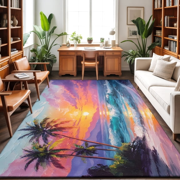 Summer Coastal Washable Area Rug 9 x 12 ft Tropical Island Palm Trees Sun Beach, Soft Non Slip Rugs Stain Repellent Indoor Felt Carpet for Living Dining Room Bedroom Home Office