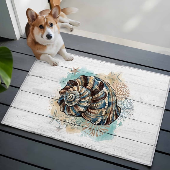 Summer Coastal Washable Entry Rug 2x3 Retro Ocean Brown Conch Marine Life Wood Grain Low Pile Indoor Door Mat with Rubber Backing Thin Area Rug for for Entrance, Bedroom, Kitchen, Laundry, Bathroom