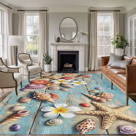 Summer Coastal Washable Living Room Rugs 6'x9', Beach Starfish Conch Flower Blue Wood Board Low Pile Throw Large Area Rug Non-Slip Sturdy Edge Binding Carpet for Dining Room Kitchen Office