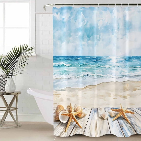 Summer Coastal Waterproof Fabric Shower Curtain, Watercolor Ocean Waves Seaside Starfish Shower Curtain for Bathroom Curtains Bathtubs Hotel Washable Shower Curtains with 12 Hooks Extra Long 72x84