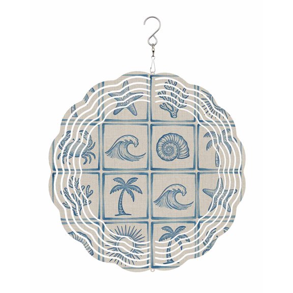 Summer Coastal Wind Spinner for Garden Yard 8In, Retro Ocean Waves Shell Crab Coconut Tree 3D Stainless Steel Kinetic Hanging Wind Spinners Rustproof Outdoor Decor for Lawn Patio Home