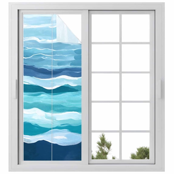 Summer Coastal Window Privacy Film Abstract Ocean Wave Blue Teal Stripes Decorative Glass Window Film UV Blocking Static Cling Non-Adhesive Sticker Covering for Home Door 23.6 x 59 inches
