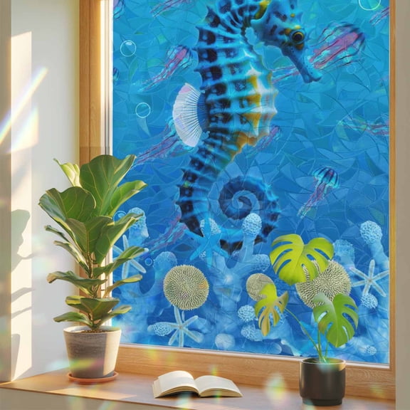 Summer Coastal Window Privacy Film, Ocean Blue Seahorse Jellyfish Nautical Coral Bubble Stained Glass Rainbow Film Decorative Window Clings, Static Cling Sun Blocking Stickers 17.7" x 39.3"