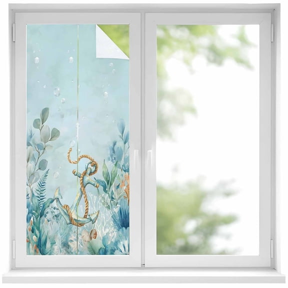 Summer Coastal Window Privacy Film, Ocean Seaweed Anchor Nautical Coral Bubble Frosted Glass Window Clings Static Cling UV Heat Blocking Reusable Door Sticker for Bathroom 17.7 x 39.3 Inch