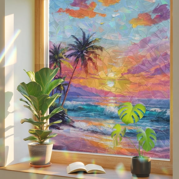 Summer Coastal Window Privacy Film, Tropical Island Palm Trees Sun Beach Stained Glass Rainbow Film Decorative Window Clings, Static Cling Sun Blocking Stickers 17.7" x 39.3"
