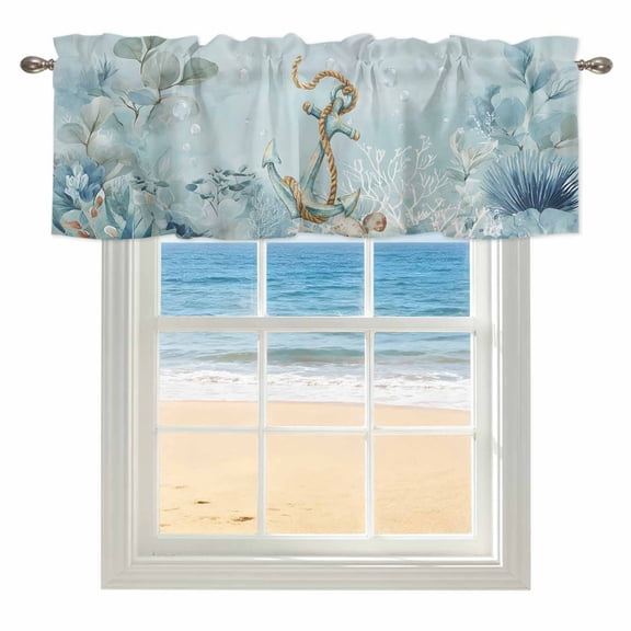 Summer Coastal Window Valance for Kitchen, Ocean Seaweed Anchor Nautical Coral Bubble Rod Pocket Short Curtain for Small Windows, Light Filtering Decorative Valance, 42 x 12 Inch