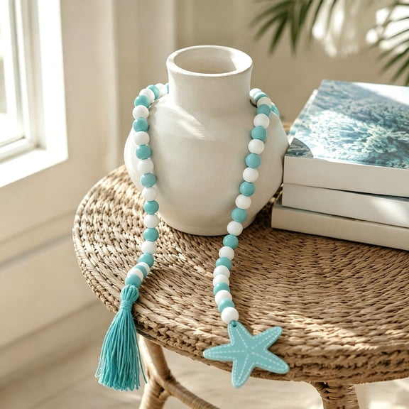 Summer Coastal Wooden Bead Garland Starfish Shell Tassel Hanging Ornament Beach Theme Wall Shelf Home Decor Boho Style Coastal Living Room Door Hanging Gift Accent Summer Beach House Decor