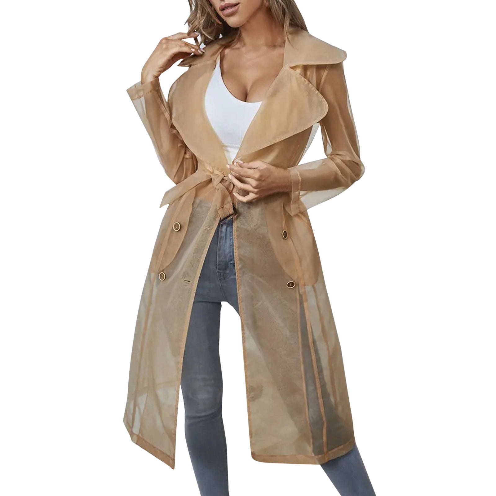 Sheer Mesh Long Sleeve Buttoned Coat With Belt