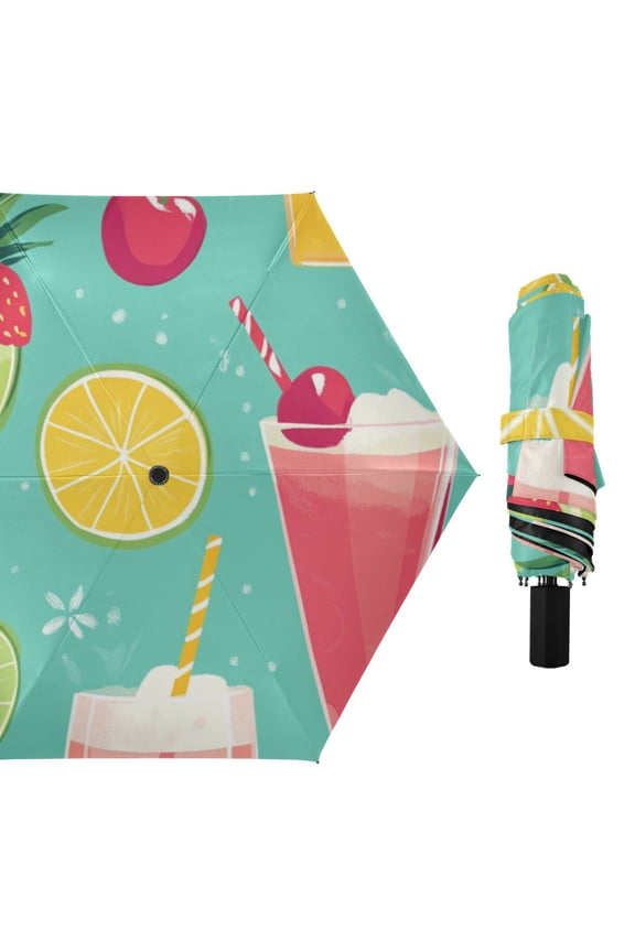 Summer Cocktails Fruits Tropical All Weather Umbrella Triple Folding Parasol 6 Ribs UV Protection Portable