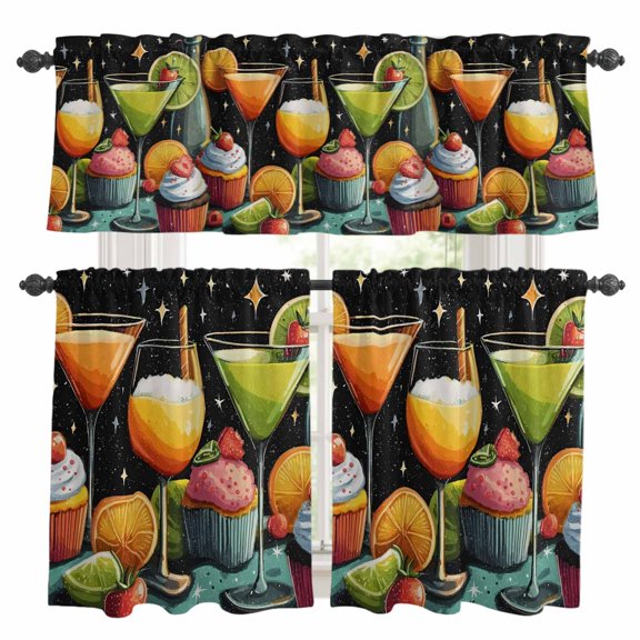 Summer Cocktails Kitchen Curtains and Valances Set, Cake Strawberry Fruit Dreamy Starry Sky Abstract 3 Piece Curtains Valances and Tiers Set Rod Pocket for Kitchen Bathroom Windows 36 Inch