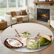 Summer Coconut 7 Round Rug for Living Room Conversation Area, Country Realistic Glass Bottle Green Leaf Wood Grain Washable Non Slip Large Circle Area Rug