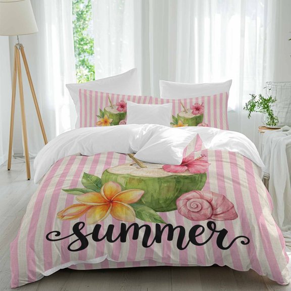 Summer Coconut Comforter Set Queen Size, Shell Hibiscus Frangipani Pink Stripes Retro Soft Bedding Set for Man Woman, 4 Pieces Duvet Cover Set with Fitted Sheet, 2 Pillowcases