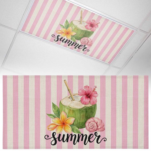 Summer Coconut Fluorescent Light Covers Shell Hibiscus Frangipani Pink Stripes Retro Magnetic Light Filters Ceiling Lighting Panel Shade for Classroom Office Home 2 x 4 ft, 1 Pack