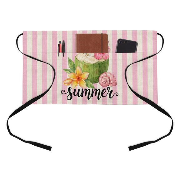 Summer Coconut Half Waist Apron Shell Hibiscus Frangipani Pink Stripes Retro Short Waiter Aprons with 3 Pockets for Women Men Kitchen Restaurant Cooking