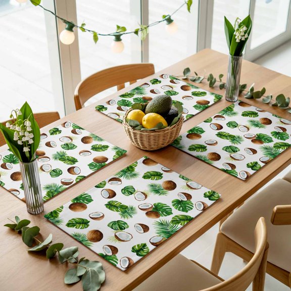 Summer Coconut Monstera Palm Leaf Placemats Set of 4,Wipeable Washable Table Mats for Dining Tables, Tropical Fruit Leaves Place Mats for Kitchen Event Party Tabletop Decor