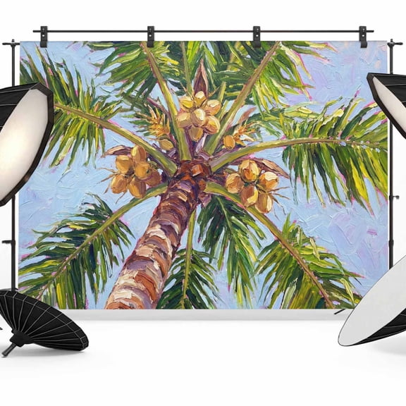 Summer Coconut Palm Backdrops for Photography, Tropical Island Country Beach Green Tree Sky Fabric Photo Background Sturdy Studio Props for Photo Studio, Video Recording, Booth & Photoshoot 7x5ft