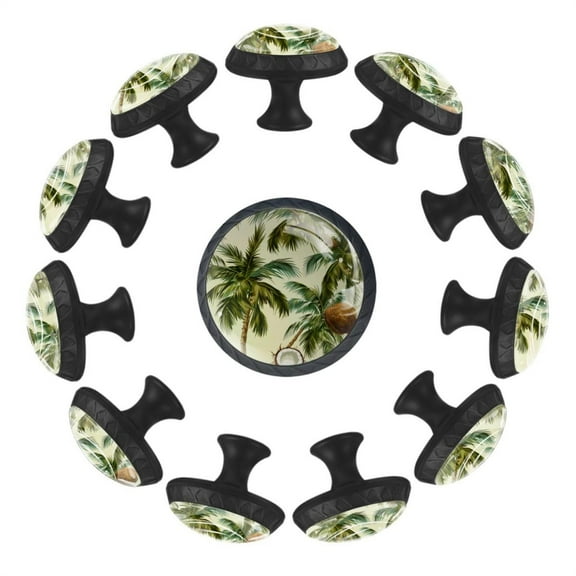 Summer Coconut Palm Tree Tropical Forest 35MM Round Glass Cabinet Knobs, Kitchen Knobs for Drawer Dresser Cupboard Wardrobe Modern Pulls Handles Hardware, Set of 12