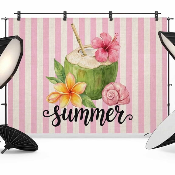Summer Coconut Photography Backdrop 10x8FT, Shell Hibiscus Frangipani Pink Stripes Retro Photo Backdrops, Background for Photography Studio Photo Studio Background, Back Drop for Photoshoot