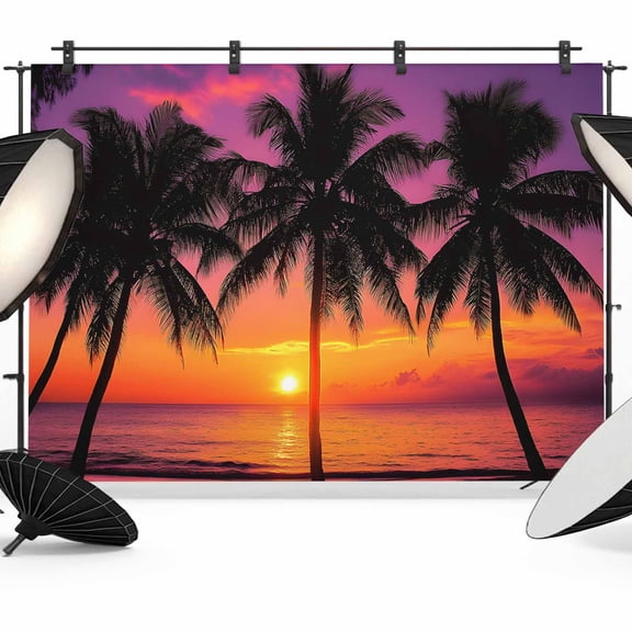 Summer Coconut Photography Backdrop 10x8FT, Sunset Silhouette Gradient Beach Landscape Photo Backdrops, Background for Photography Studio Photo Studio Background, Back Drop for Photoshoot