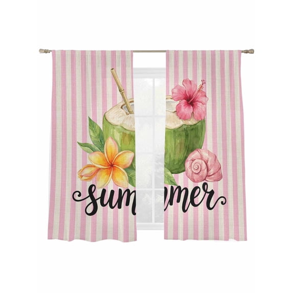 Summer Coconut Sheer Curtains 63 Inch Long 2 Panels, Shell Hibiscus Frangipani Pink Stripes Retro Light Filtering Rod Pocket Curtains, Sheer Voile Drapes for Living Room Bedroom, 52"x63"