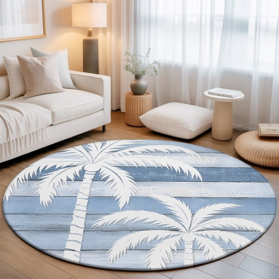 Summer Coconut Tree 3' Round Rug for Bathroom Accent Bedside Corner, Coastal Tropical Palm Ocean Blue Wood Grain Washable Non Slip Soft Circle Area Rug for Small Spaces Entryway