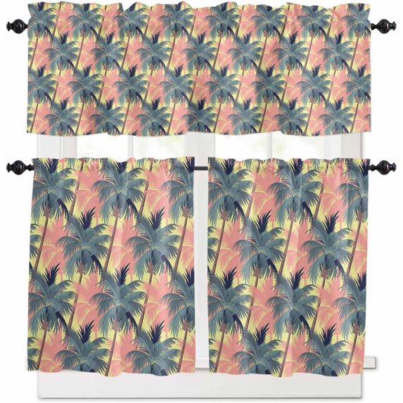 Summer Coconut Tree Kitchen Curtains and Valances Set, Rod Pocket Curtains Tier Farmhouse Window Curtains 36 Inch Length, Tropical Forest 3 Piece Kitchen Curtains Set