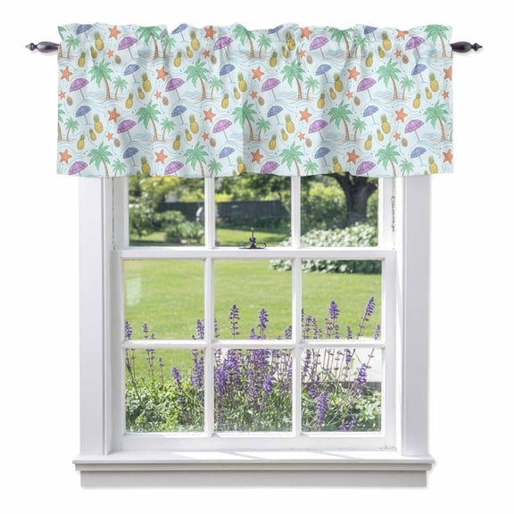 Summer Coconut Tree Pineapple Valances for Windows,Kitchen Valance Rod Pocket Short Curtain, Coastal Starfish Beach Theme Valance Curtain Window Valances for Bedroom Bathroom Living Room 42x12in
