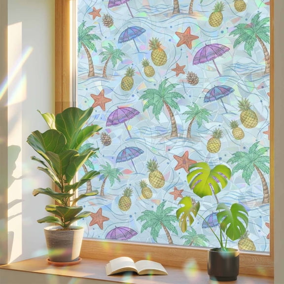 Summer Coconut Tree Pineapple Window Privacy Film, Rainbow Film Decorative Window Sticker 17.7x39.3in, Coastal Starfish Beach Theme Sun Blocking Static Stained Glass Cling Tint Non-Adhesive