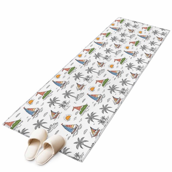 Summer Coconut Tree Sailboat Non-Slip Non-Shedding Floor Mat, Sun Cloud Cartoon Style Washable Sturdy Carpet for Living Room Bedroom Home Decor