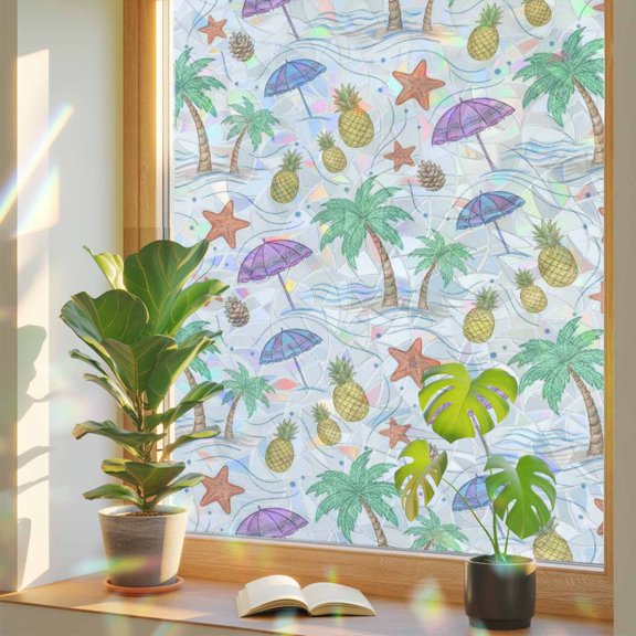 Summer Coconut Trees Pineapple Window Privacy Film, Rainbow Film Decorative Window Sticker 17.7x39.3in, Beach Starfish Seamless Sun Blocking Static Stained Glass Cling Tint Non-Adhesive