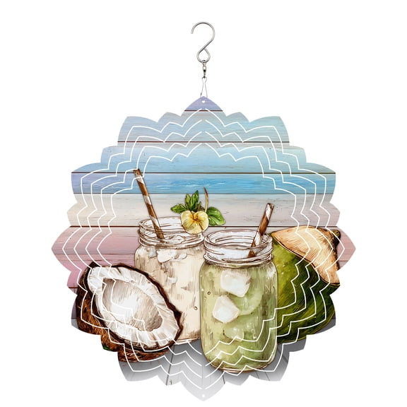 Summer Coconut Wind Spinner for Garden Yard 8In, Country Glass Bottle Green Leaf Colorful Wood Grain 3D Stainless Steel Kinetic Hanging Wind Spinners Rustproof Outdoor Decor for Lawn Patio Home