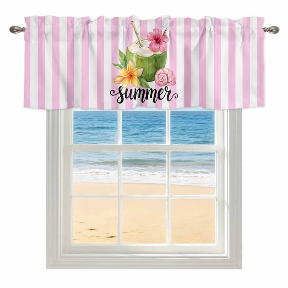 Summer Coconut Window Valance for Kitchen, Shell Hibiscus Frangipani Pink Stripes Rod Pocket Short Curtain for Small Windows, Light Filtering Decorative Valance, 60 x 14 Inch