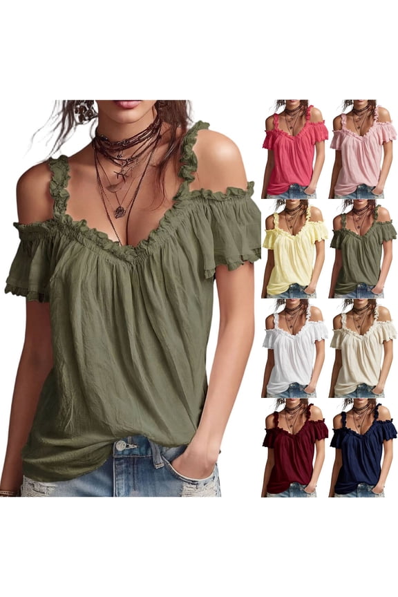 Summer Cold Shoulder Ruffle Strap Tops For Women Lightweight Breathable Casual Off Shoulder Shirts Army Green S